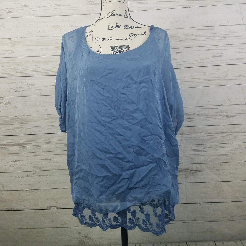 Marina Gigli Blue Crinkle Overlay Lace Detail Top